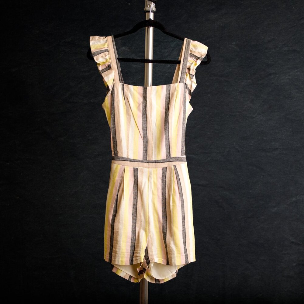BTFL-life Linen Blend Striped Ruffle Romper Size S